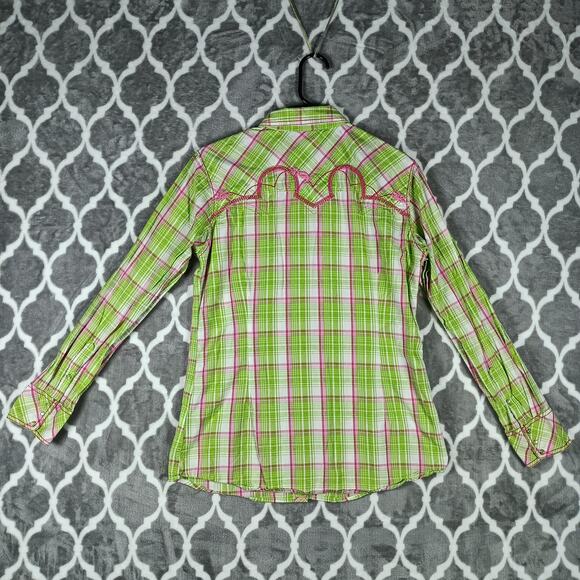 Ariat Shirt Womens Large Green Pink Plaid Fitted Western Pearl Snap Embroidered - Picture 4 of 14